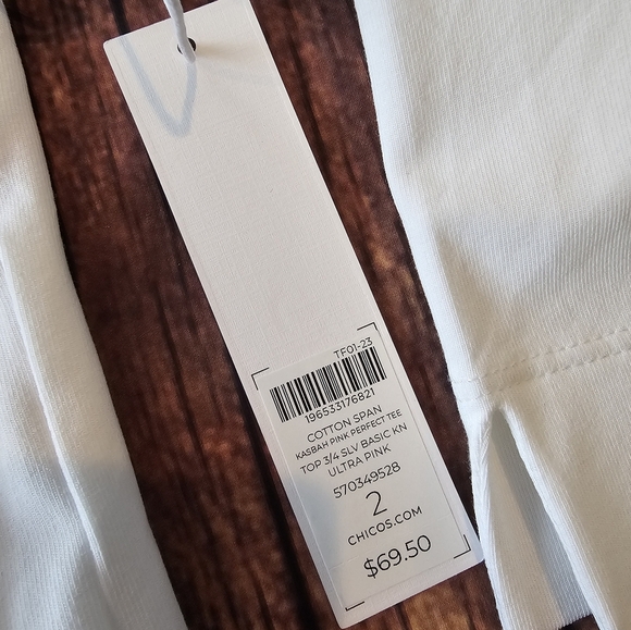 Chico's Size Large Cotton Kasbah Pink Floral Embellished Perfect Tee 3/4 Sleeve - Picture 6 of 9